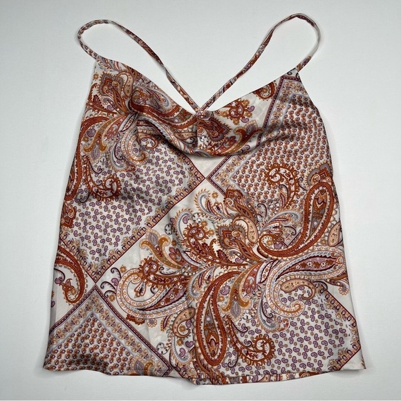 Bishop + Young Cami Tank Top Satin Drape Neck Y2K Paisley Summer Boho Geometric - Picture 1 of 14